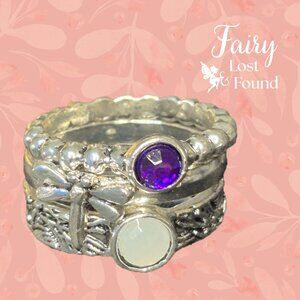 NWOT Set of 3 Dragonfly, Purple & White Stone Silver tone Rings sz 6
